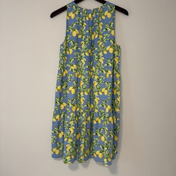 LOFT Lemon Print Tiered Swing Dress Women's Small Blue Yellow Linen Blend - Picture 5 of 13